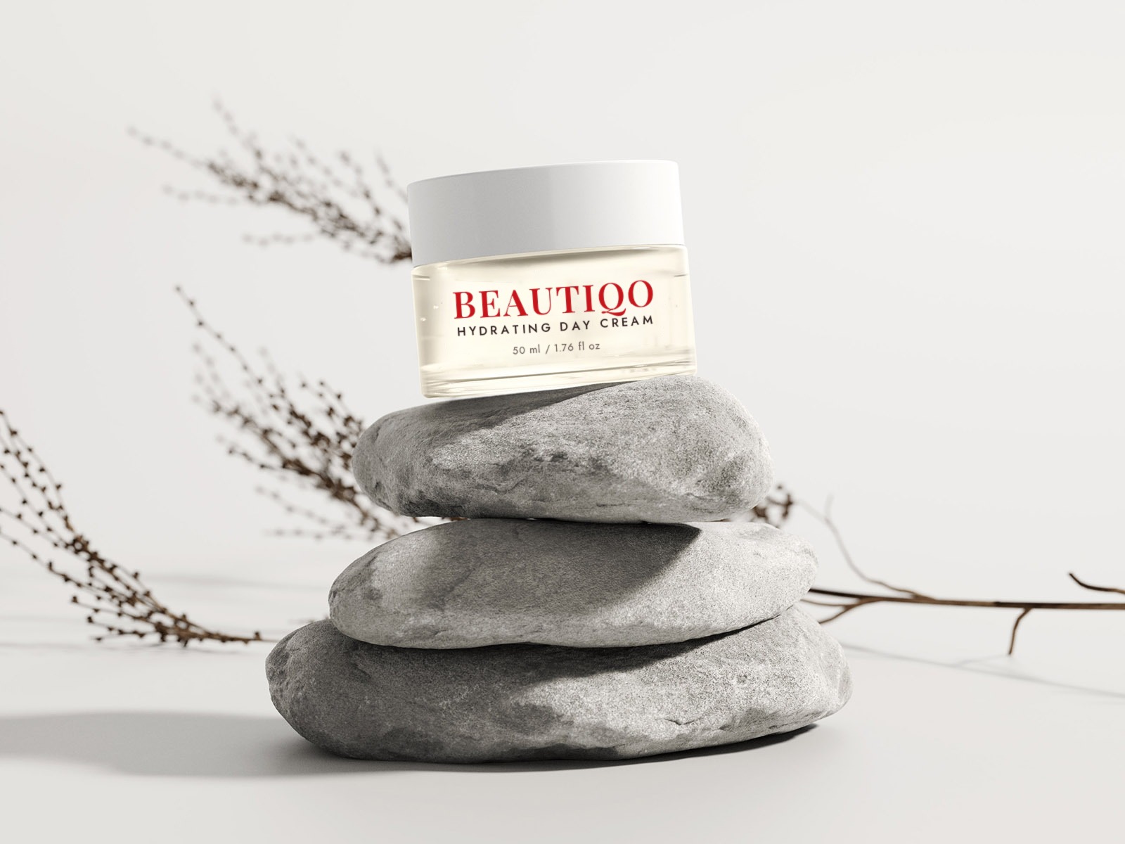 Beautiqo Hydrating Day Cream on stacked stones